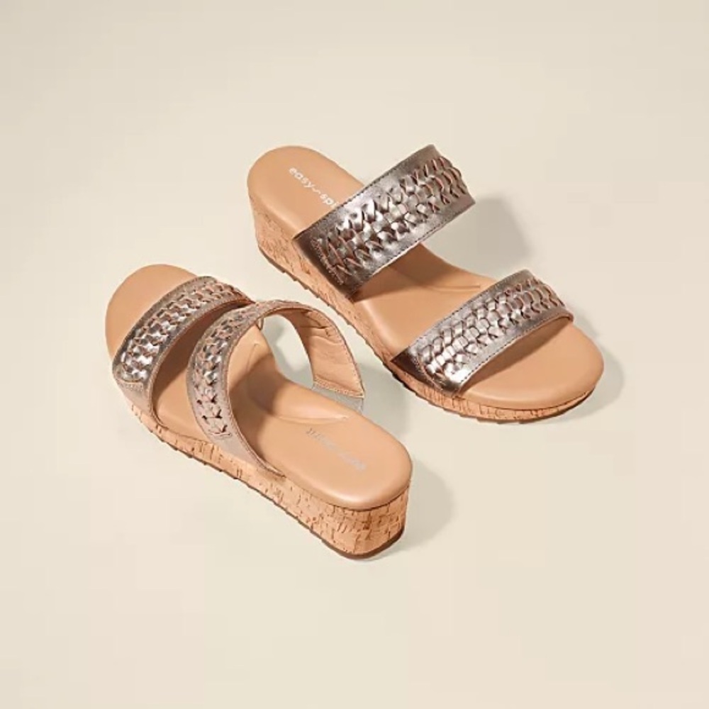 Easy Spirit Lillia Gold/Silver Pewter Weave Strap Cork Wedge Sandals Sz 6.5 BNWB - Picture 2 of 7